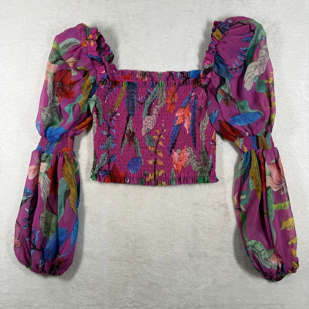 PatBO Magenta Tropical Floral Smocked Long Sleeve Crop Top Womens 6